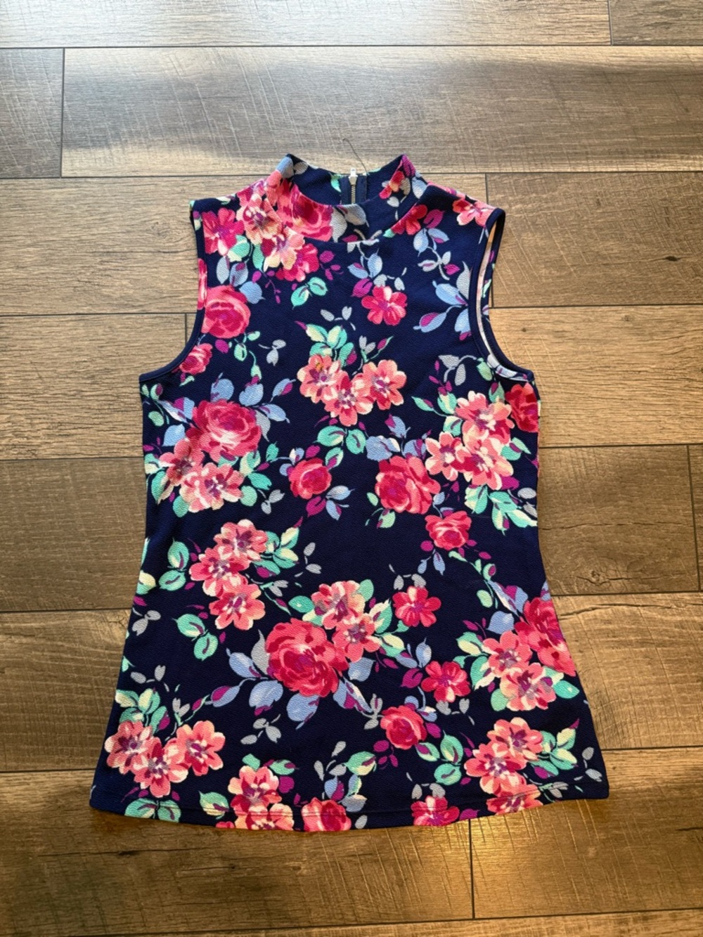 Sleeveless Navy Floral Mock Neck Top